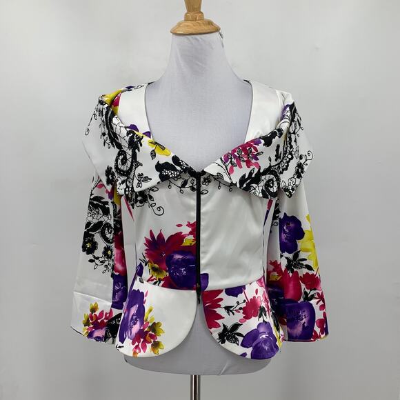 Joseph Ribkoff Jacket Womens 6 Multi Floral Full Zip Satin Cropped Layer Blazer - Picture 2 of 12